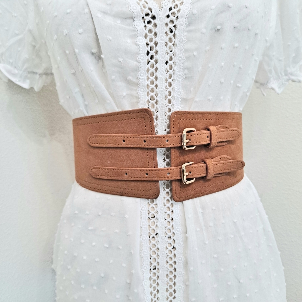 Boho Brown Wide faux suede leather double buckle corset waist elastic belt - Picture 4 of 12